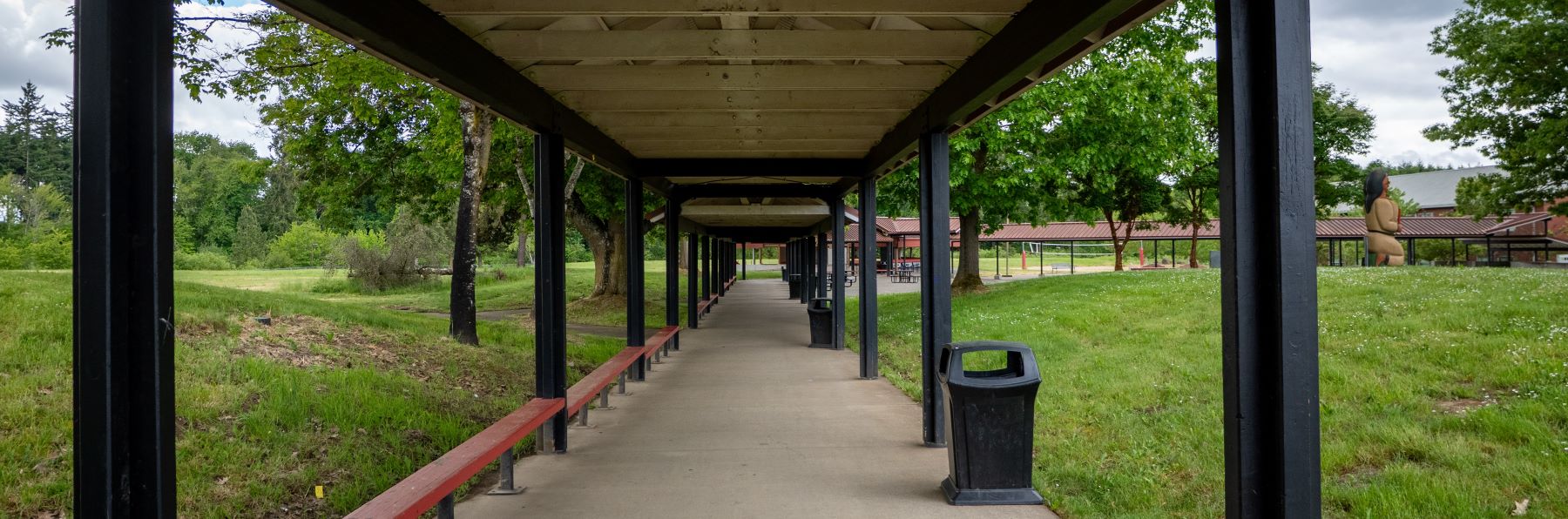 A school walkway lined with benches and a grassy area, perfect for students to relax and enjoy the outdoors.