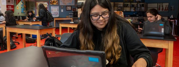 Students working on laptops in classroom.